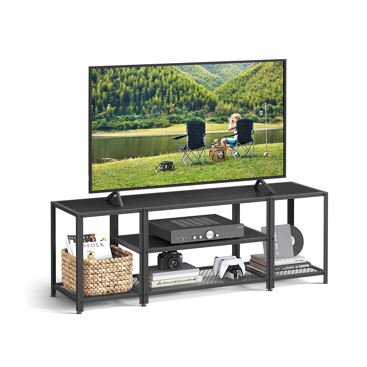 VASAGLE Modern TV Stand for TVs up to 65 Inches, 3-Tier Entertainment Center, Industrial TV Console Table with Open Storage Shelves, for Living Room, Bedroom, Black with Wood Grain ULTV097B22