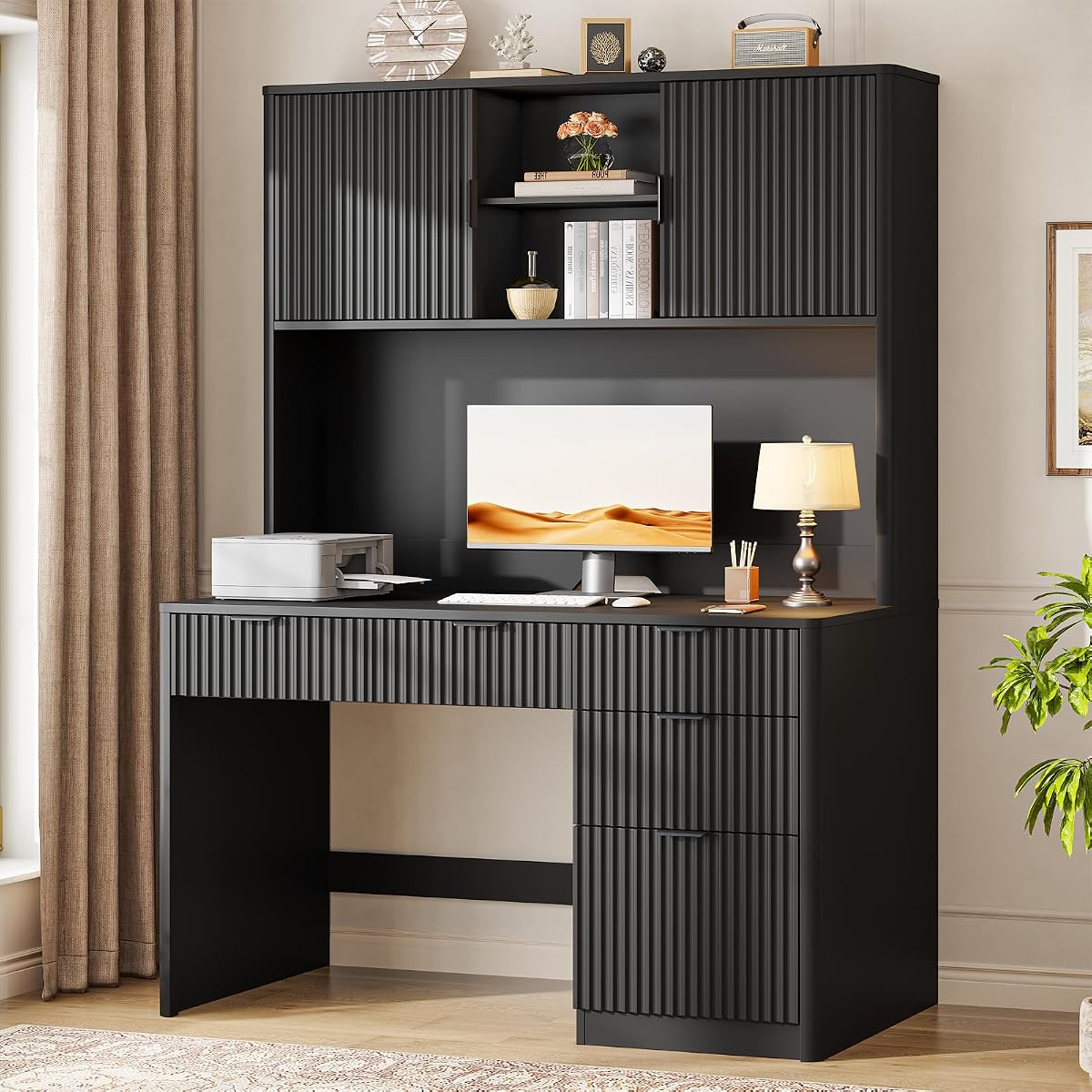 Executive Desk with Fluted Drawers, Pure Black