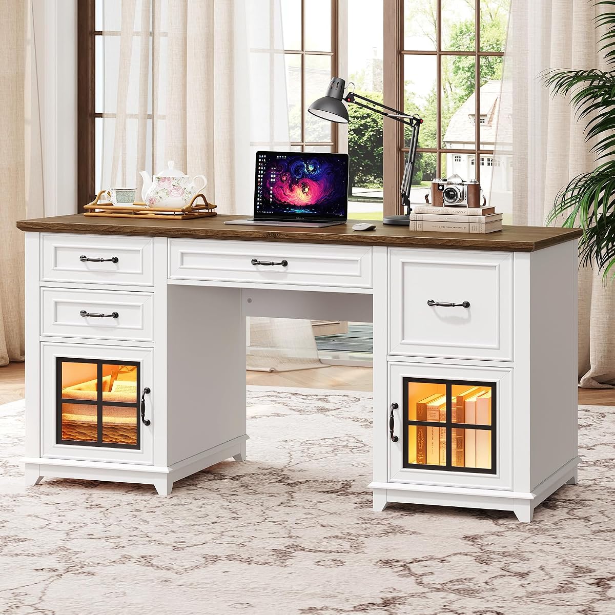 58" Farmhouse Desk with Drawers, Executive Desk with Power Outlet