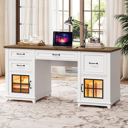 58" Farmhouse Desk with Drawers, Executive Desk with Power Outlet