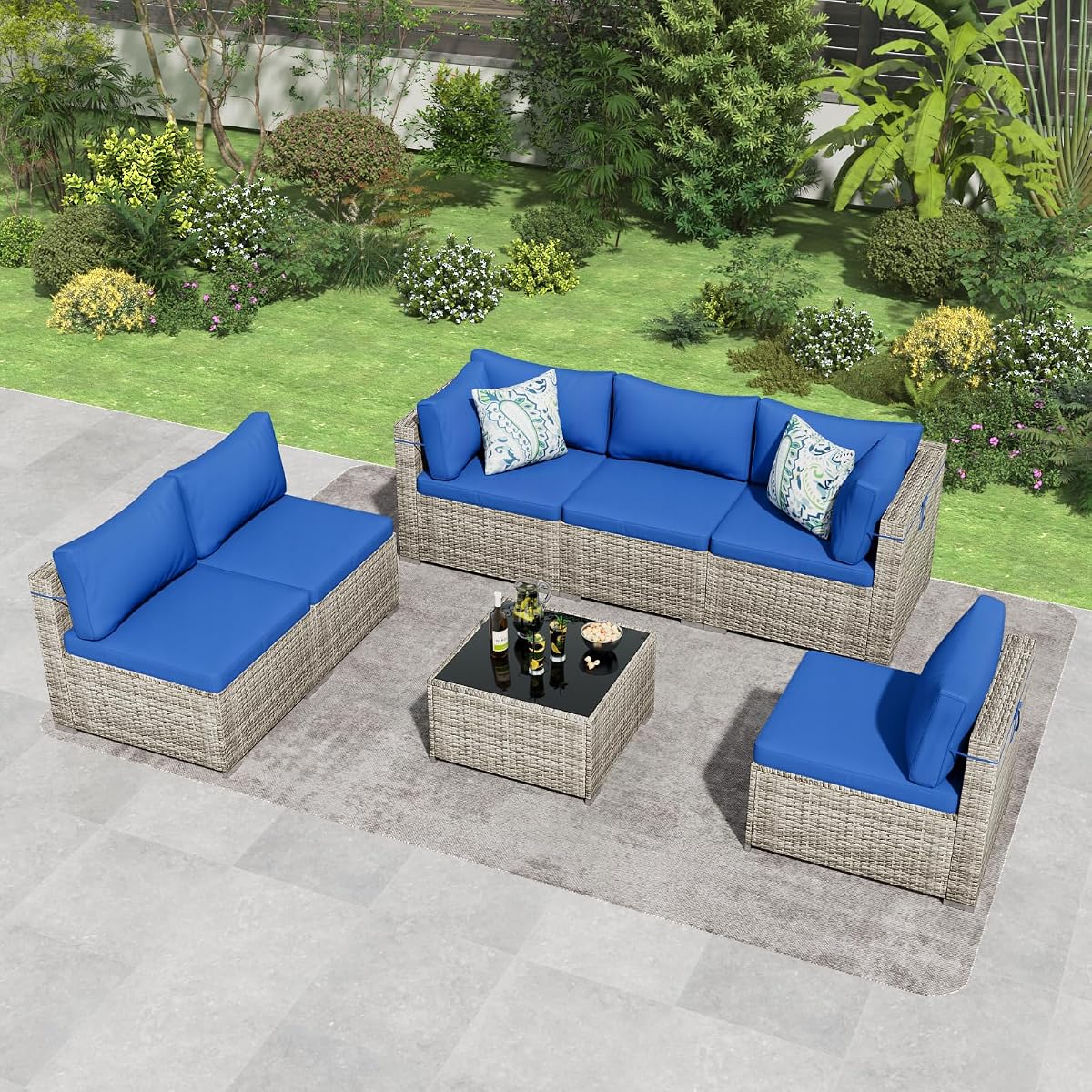 7 Piece Patio Furniture Set, Outdoor Wicker Patio Sofa Set, PE Rattan Sectional Couch with Glass Table and Blue Cushions, All-Weather 7 Piece Outdoor Patio Furniture Sets, Grey