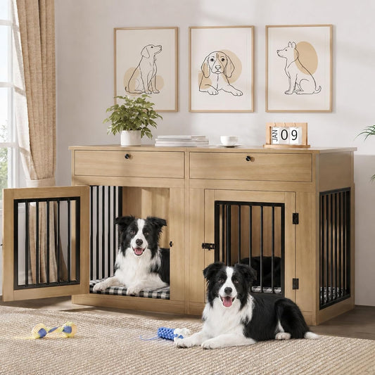 60 Inch Double Dog Crate Furniture with Storage Drawers