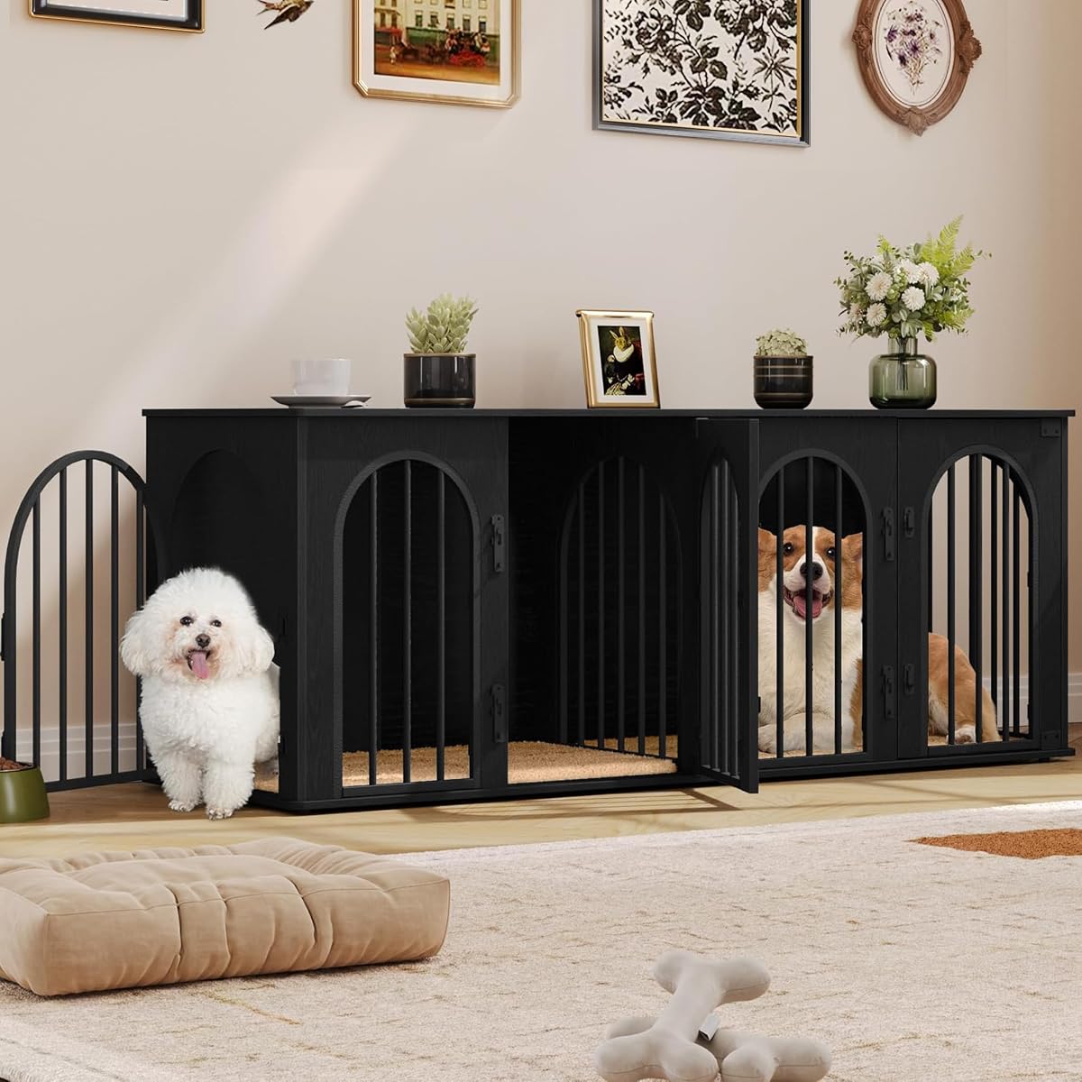 63" Double Dog Crate Furniture, Dog Kennel Indoor with Cushion