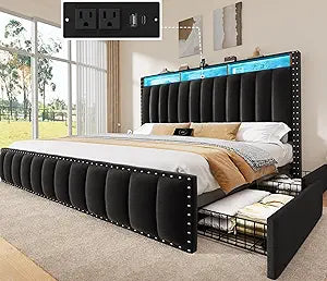 King Size Bed Frame with 4 Storage Drawers, RGB LED Light, Black, view 2