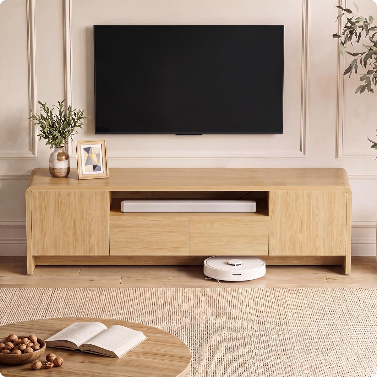 70" Curved TV Stand for 75 Inch TV, Modern Wood Media Console