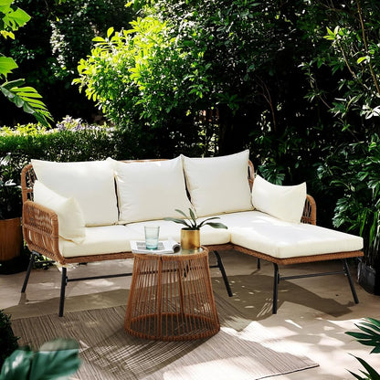 3-Piece Outdoor Patio Furniture Set, L-Shaped Rattan Sectional Sofa with Thick Cushions, Glass Coffee Table – All-Weather Conversation Set for Backyard, Porch, Poolside