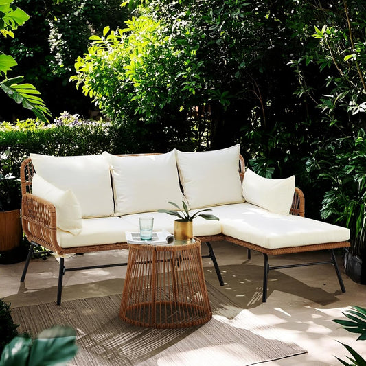 3-Piece Outdoor Patio Furniture Set, L-Shaped Rattan Sectional Sofa with Thick Cushions, Glass Coffee Table – All-Weather Conversation Set for Backyard, Porch, Poolside