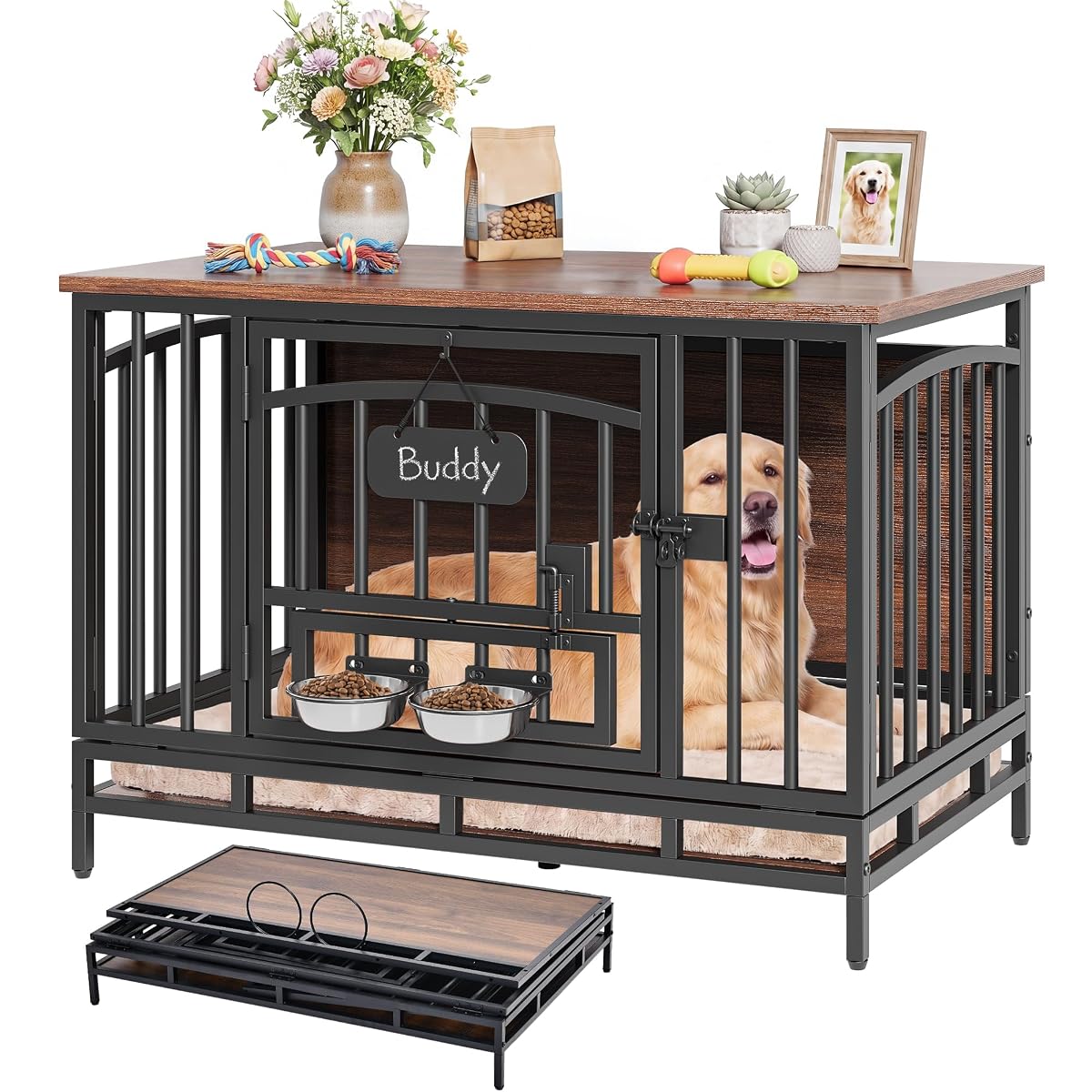41.3" Foldable Dog Crate Furniture with 360° Swivel Feeding Bowls