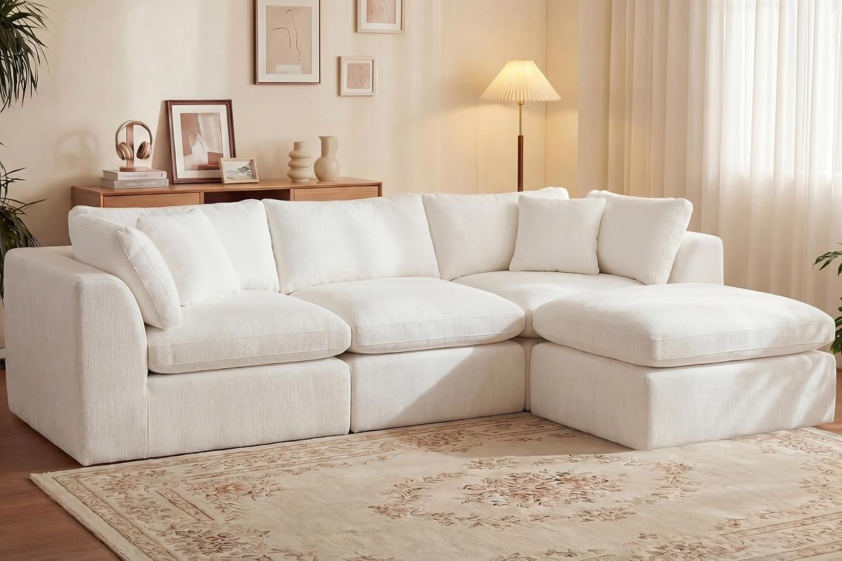 110'' Oversized Boneless Cloud Couch for Living Room, Modern Big Sectional Compressed L Shape Couch with Ottoman, Comfy Chenille Deep Seat Memory Foam Spineless 4 Seater Sofa, Beige