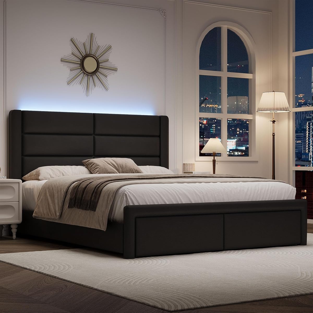 Modern Black Faux Leather Bed Frame with LED Lights