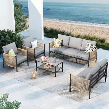 Aluminum Outdoor Patio Furniture Set with Dual-Layer Coffee Table, 5 Piece Modern Patio Conversation Sets with PE Rope, Outdoor Sectional Sofa with Thick Cushions for Balcony, Yard, Gray
