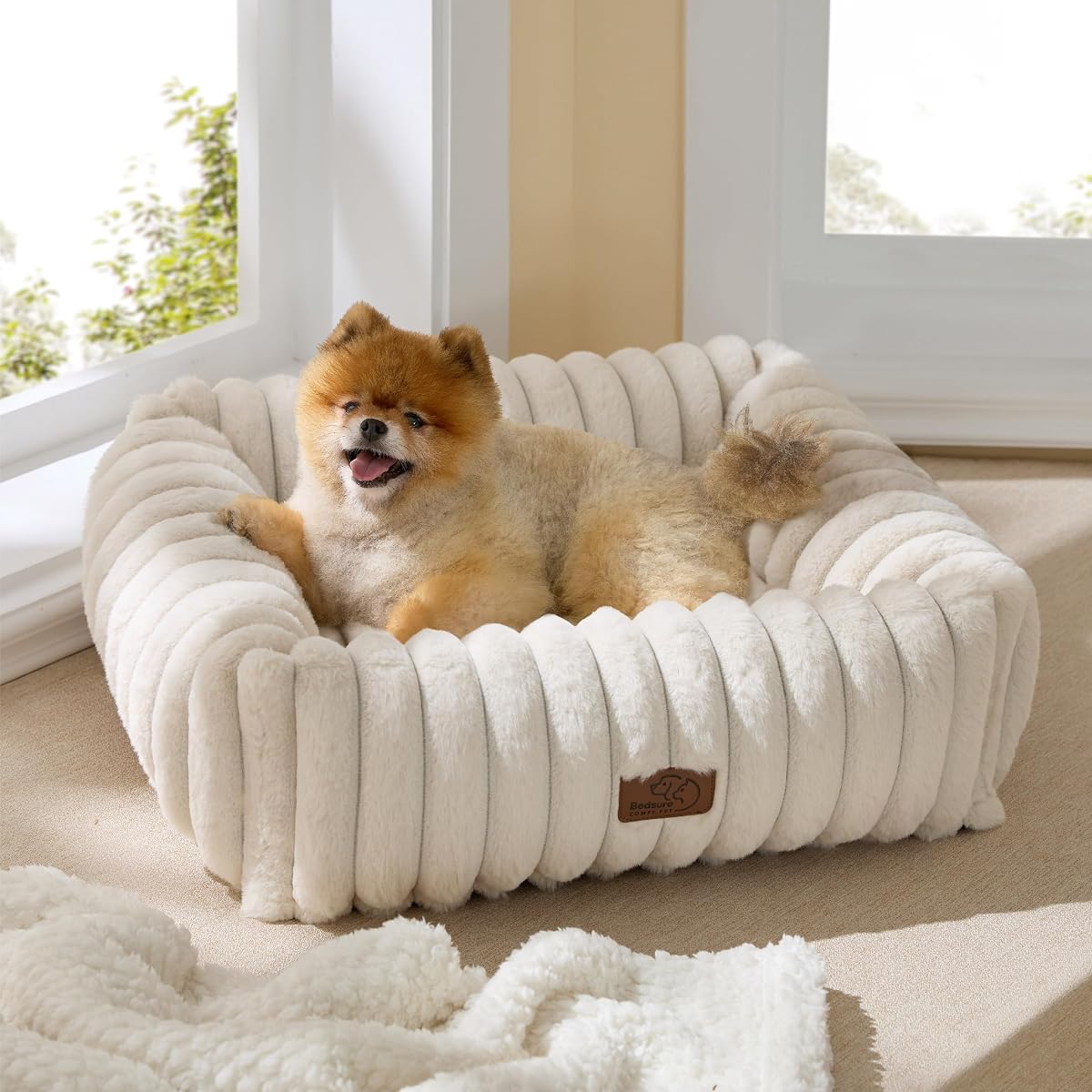 ComfyFleece® Cute Dog Bed for Small Medium Dogs Washable,25in Cream