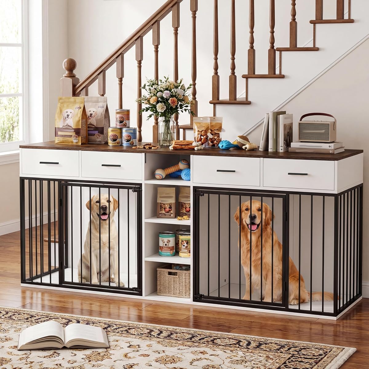 82 Inch Double Dog Crate Furniture for 2 Medium/Large Dogs, White
