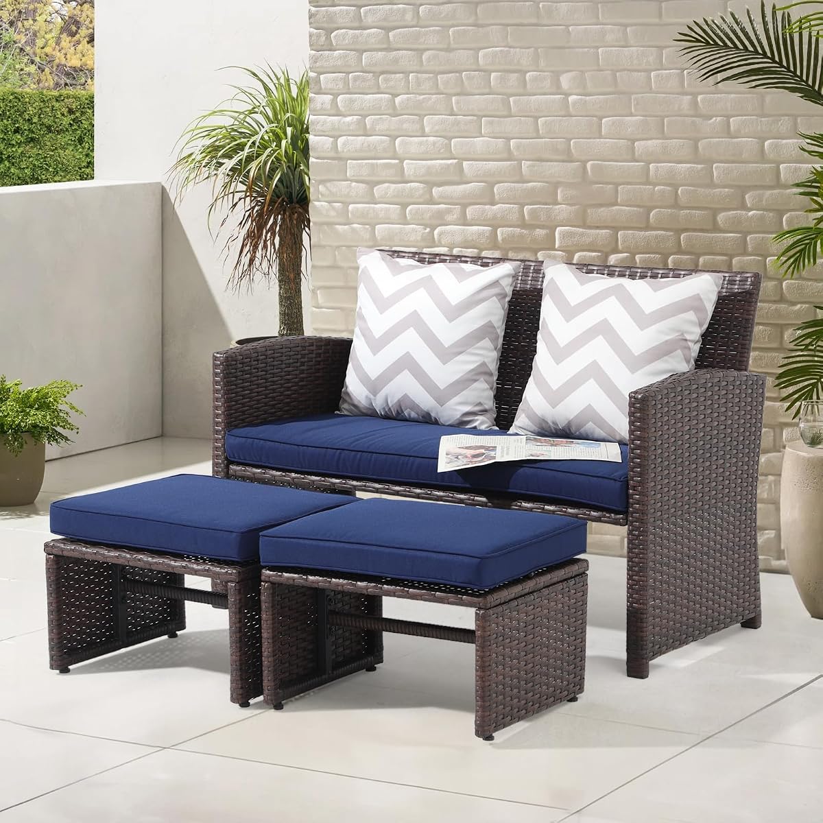 Outdoor Loveseat 3 Piece Patio Furniture Set Outdoor Conversation Set All-Weather Wicker Love Seat with Ottoman/Side Table, Brown Rattan, Blue