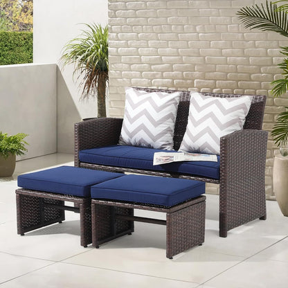 Outdoor Loveseat 3 Piece Patio Furniture Set Outdoor Conversation Set All-Weather Wicker Love Seat with Ottoman/Side Table, Brown Rattan, Blue