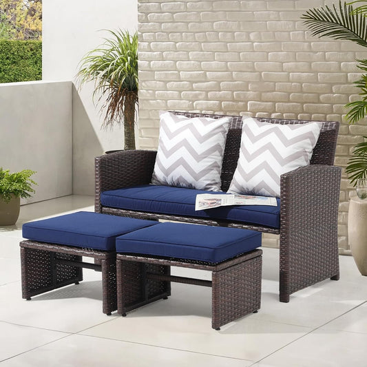 Outdoor Loveseat 3 Piece Patio Furniture Set Outdoor Conversation Set All-Weather Wicker Love Seat with Ottoman/Side Table, Brown Rattan, Blue