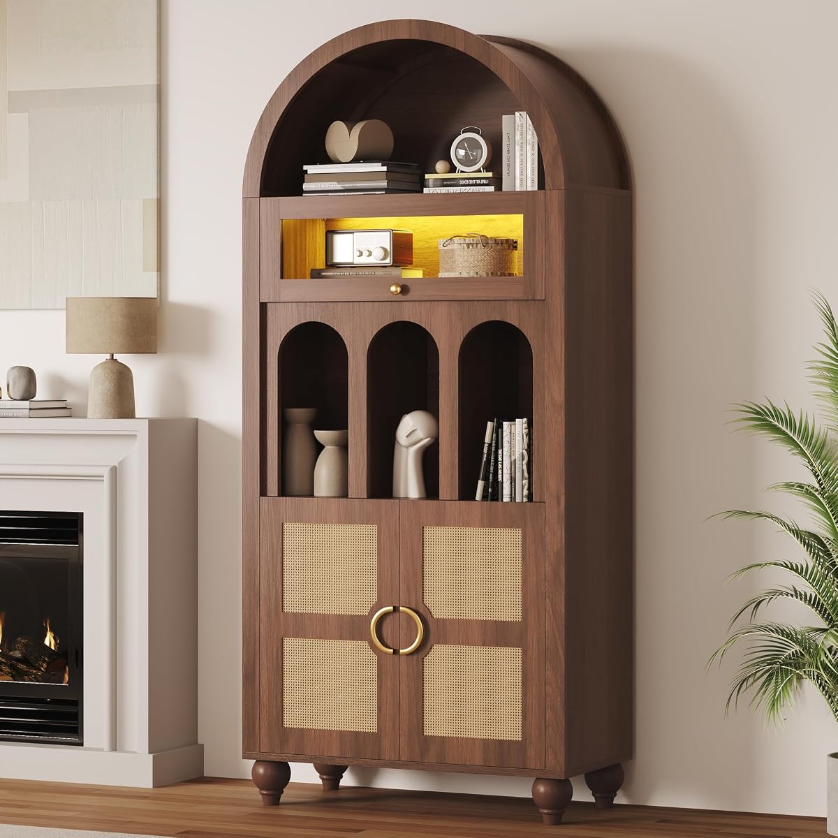72.8'' Tall Arched Cabinet with LED Light, Rattan Door, Walnut