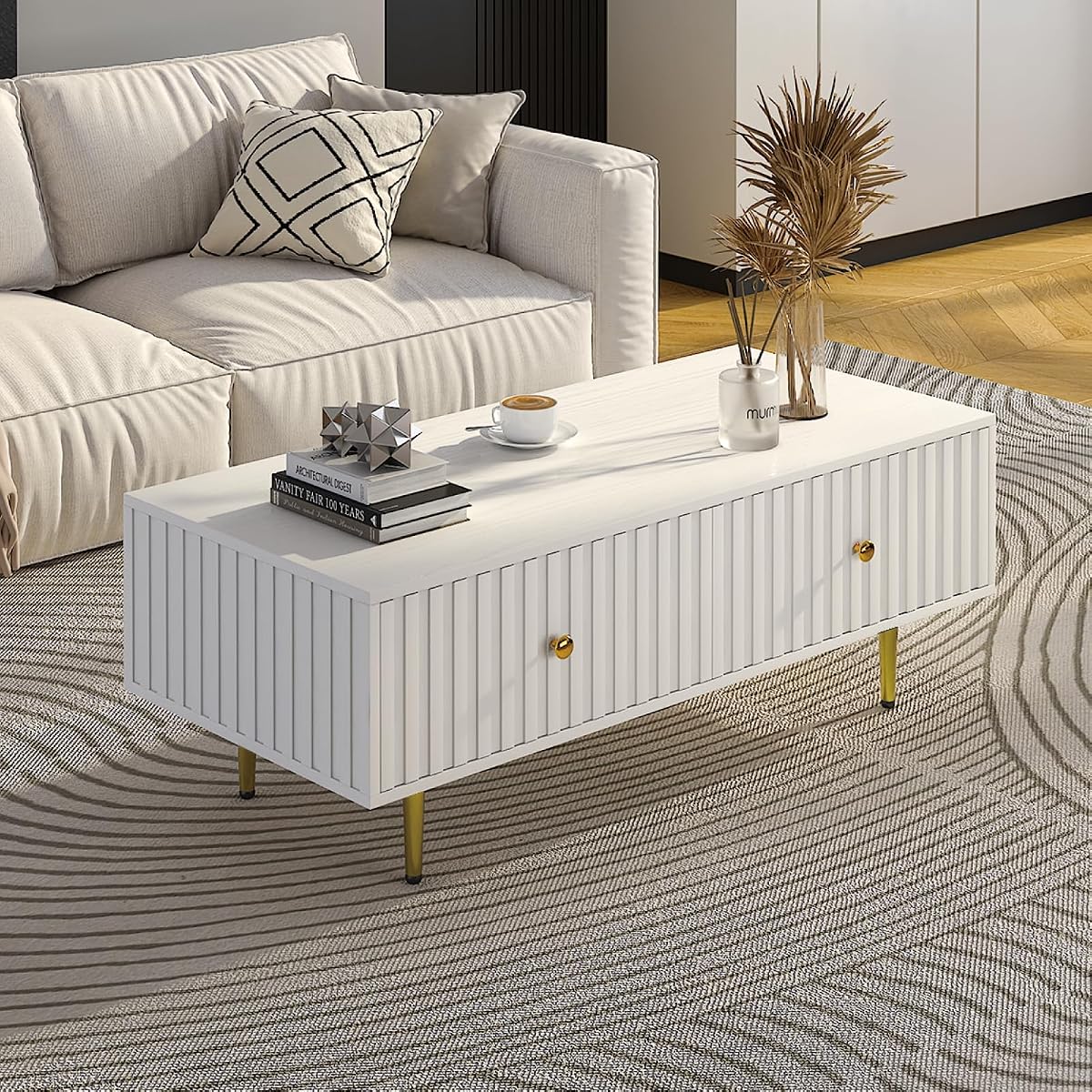 Modern Coffee Table with Storage with 2 Big Drawers, White Rectangle Coffee Table for Living Room, Wooden Fluted Table Accent Tea Table for Living Room Apartment Small Space