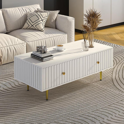 Modern Coffee Table with Storage with 2 Big Drawers, White Rectangle Coffee Table for Living Room, Wooden Fluted Table Accent Tea Table for Living Room Apartment Small Space