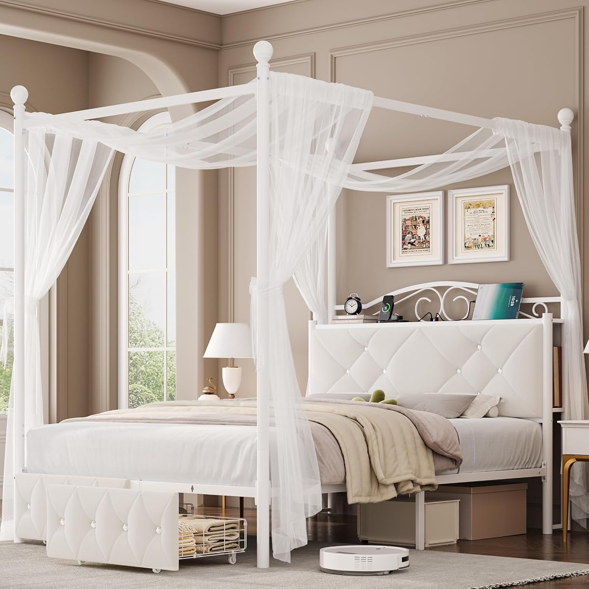 Queen Upholstered Canopy Bed Frame with 2 Drawers & Crystal Tufted Storage