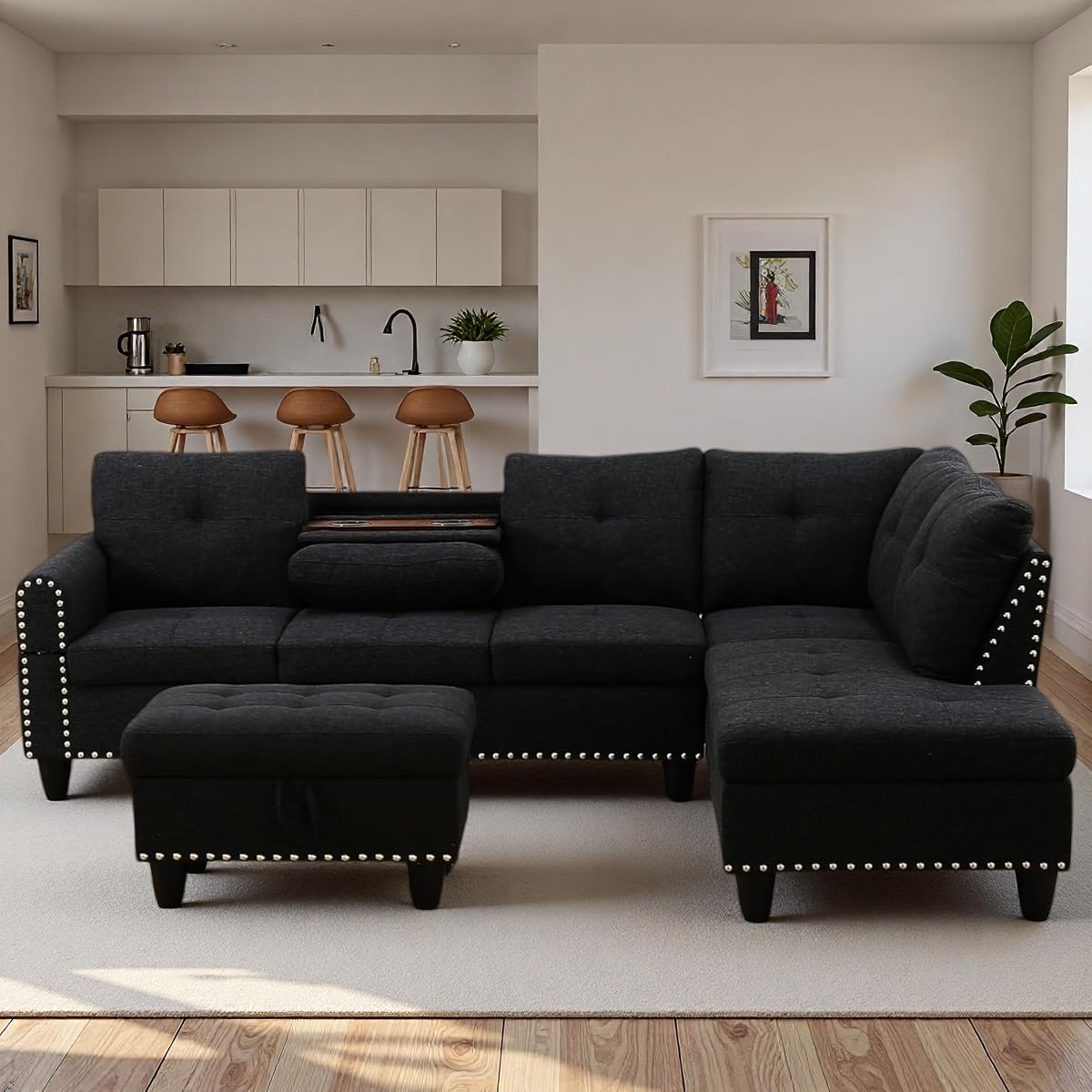 97.5" L Shaped Couch Set, Modular Sectional Couches for Living Room with Storage Ottoman, 4 Seat Home Sofa Living Room Furniture Sets with Chaise for Apartment Office (Linen, Dark Grey)