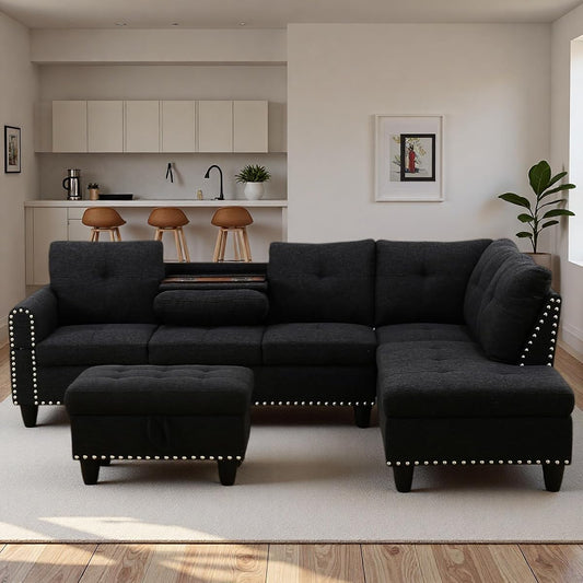 97.5" L Shaped Couch Set, Modular Sectional Couches for Living Room with Storage Ottoman, 4 Seat Home Sofa Living Room Furniture Sets with Chaise for Apartment Office (Linen, Dark Grey)