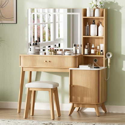 Fluted Makeup Vanity Desk with Large Lighted Mirror