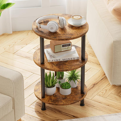 Side Table Living Room, Small Round End Table, 3 Tiers Accent Table for Small Spaces, Rustic Brown