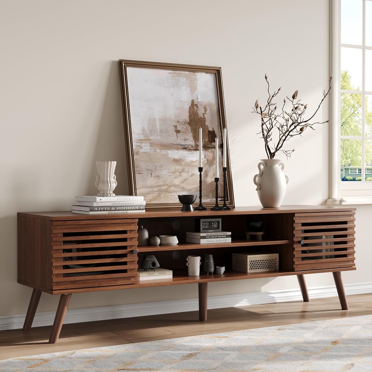 61" Mid Century Modern TV Stand for 50/55/60/70 inch TV, TV Media Console with Slatted Doors for TVs up to 70", Entertainment Center with Storage for Living Room, Bedroom, Walnut