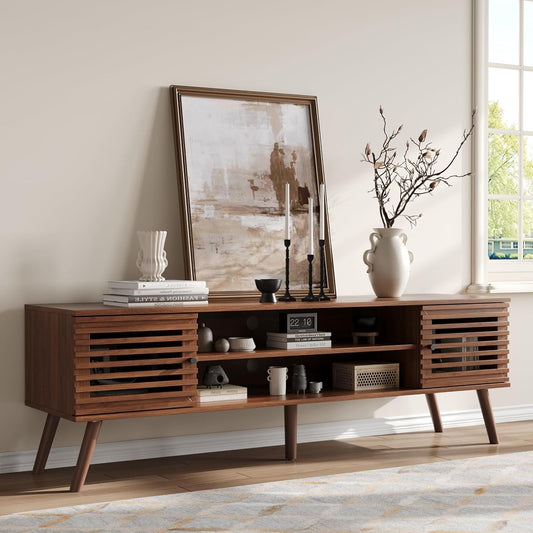 61" Mid Century Modern TV Stand for 50/55/60/70 inch TV, TV Media Console with Slatted Doors for TVs up to 70", Entertainment Center with Storage for Living Room, Bedroom, Walnut