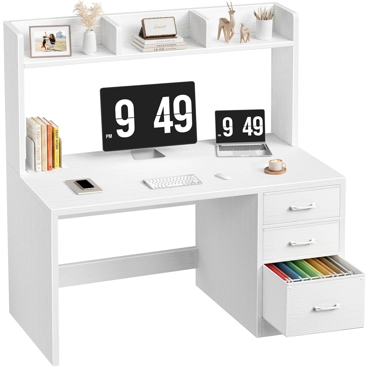 Wood Desk with Hutch and 3 Drawers， White