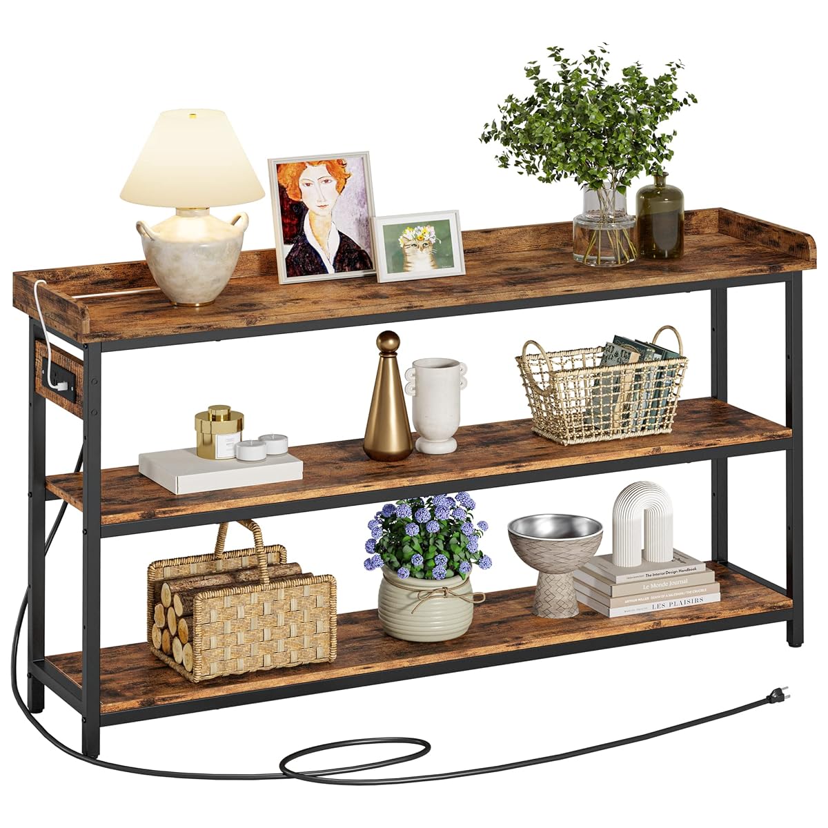 Console Table, Sofa Table with Power Outlet, Farmhouse Hallway Table for Entryway, Living Room, Height Adjustable, Easy Assembly, Rustic Brown,55"