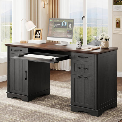 56" Large Executive Desk with Drawers,Modern Farmhouse Home Office Desk with Charging Station, Wood Computer Writing Desk with File Drawer for Study Work Bedroom Living Room Black