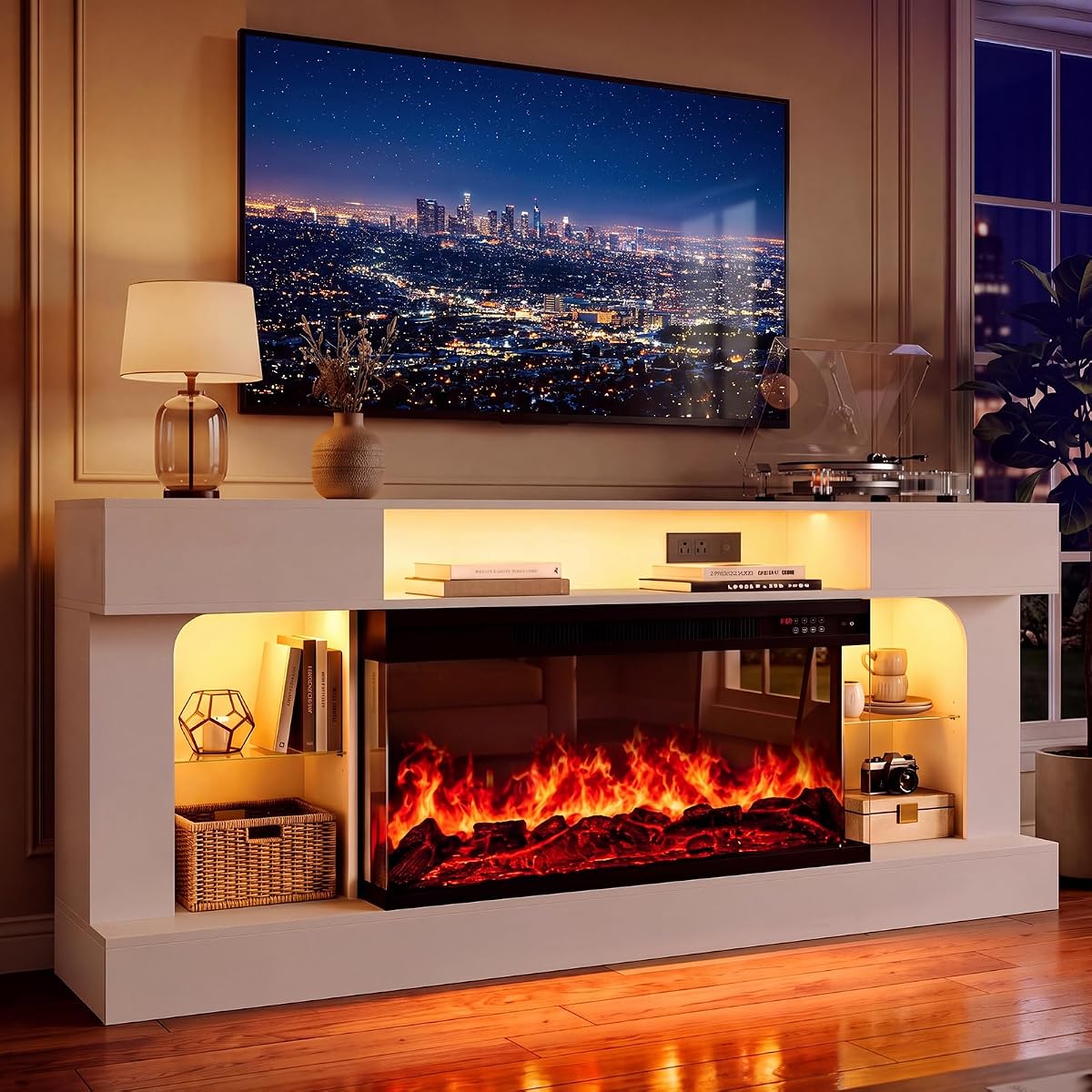 70" Modern Fireplace TV Stand,3-Sided Glass Electric Fireplace,White&Black