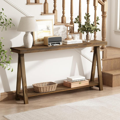 63" Solid Wood Farmhouse Console Table for Living Room, Natural | Rustic Hallway Stand for Entryway, 2-Tier Sofa Storage Unit