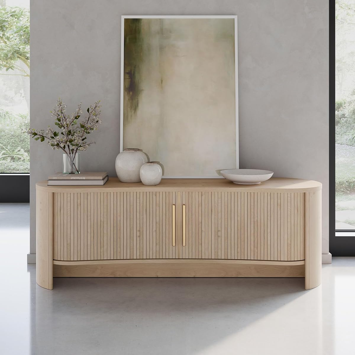 OVE Decors Sarah 59" Modern Media Console in Light Oak, Gold Hardware