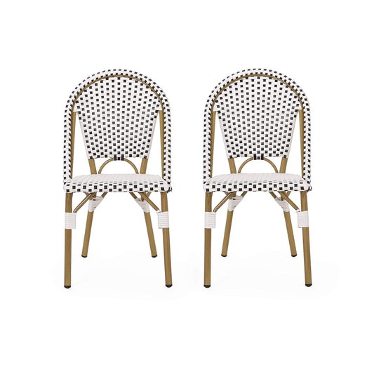 Philomena Outdoor French Bistro Chair (Set of 2), Black + White + Bamboo Print Finish