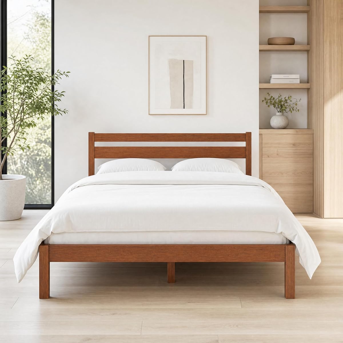 Full Bed Frame with Headboard Classic Wood Platform, Noise Free