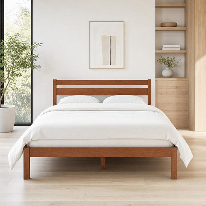 Full Bed Frame with Headboard Classic Wood Platform, Noise Free