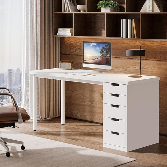 Tribesigns Modern Simple Computer Desk, 47 Inches PC Desk with 5 Reversible Drawers, Rustic Brown Study Writing Table Workstation for Home Office Small Spaces (All White)