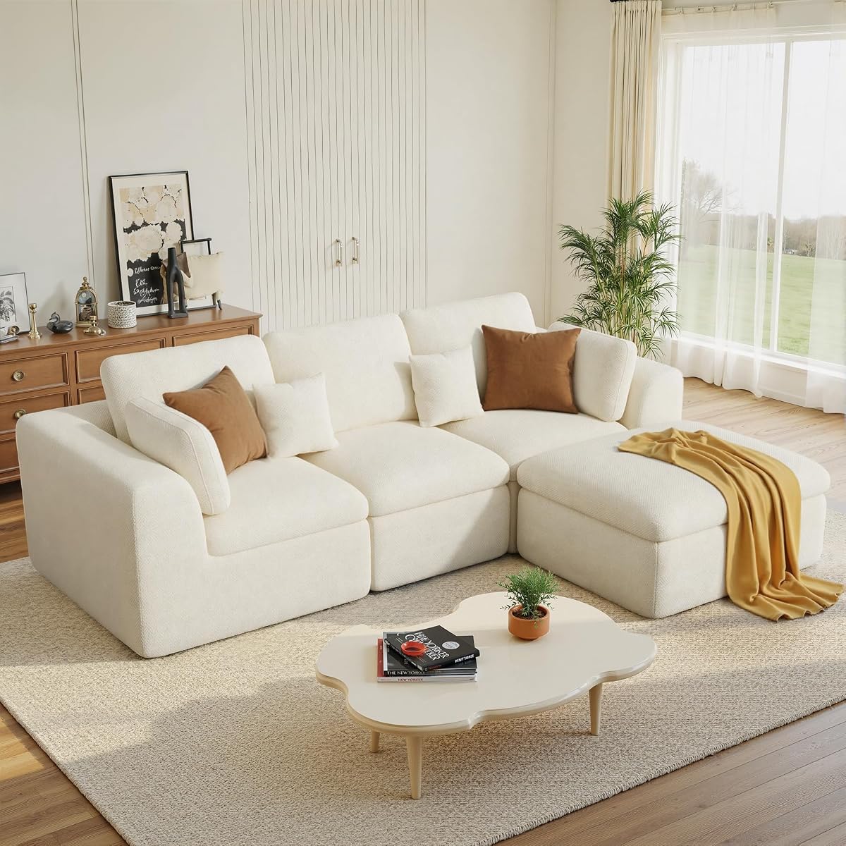 115" Cloud Boneless Sectional Couch, Deep Seat L Shaped Modular Couch with Ottoman, Oversized Upholstered Convertible 4 Seater Modular Sofa for Living Room,Black Chenille