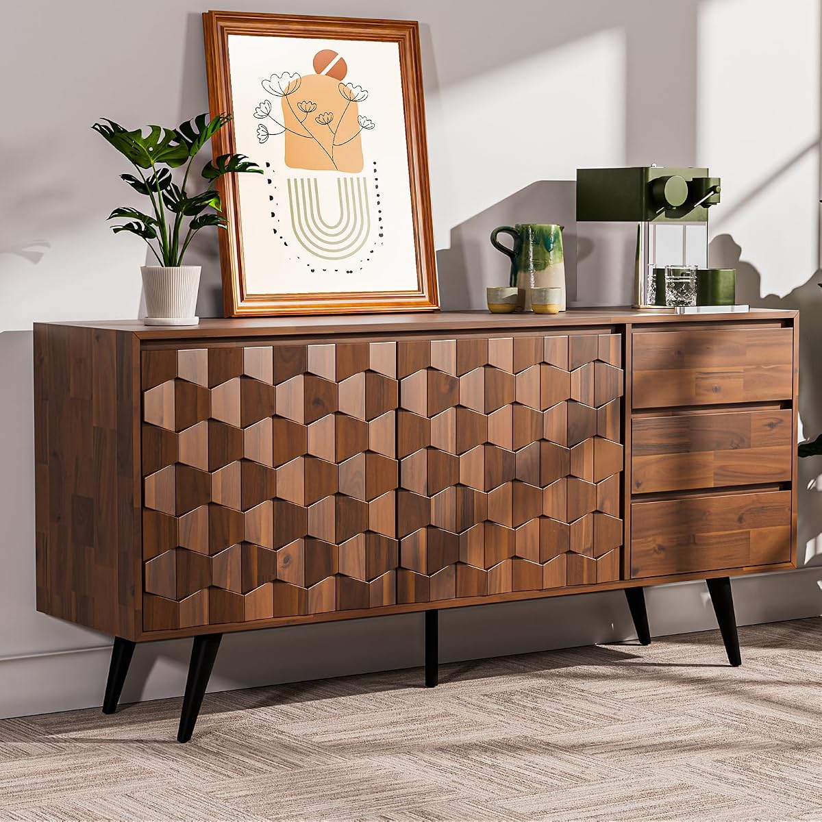 Sideboard Georgina Solid Wood 2 Doors & 3 Drawers, 61'' Mid Century Modern Cabinet with Geometric Pattern for Kitchen, Dining, Living Room