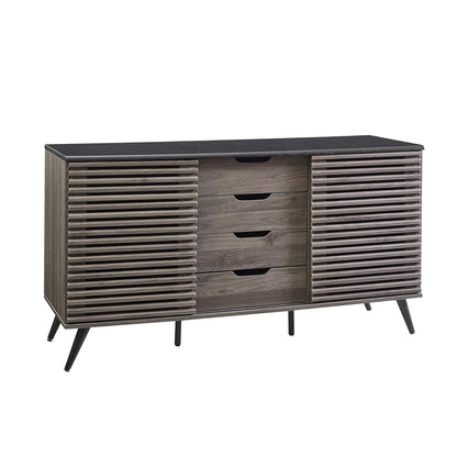 Modern 4 Drawer Sliding Door Wood Cabinet Buffet Entryway Serving Storage Cabinet Doors Dining Room Console, 59 Inch, Black and Slate Grey
