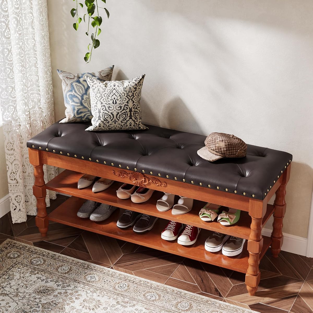 Tribesigns Solid Wood Shoe Bench with Cushion 2 Tier Lift Top, Storge Shoe Bench with Rack for Entryway, 8-10 Pair Shoe Organizer with Hidden Compartment for Hallway, Bedroom, Living Room