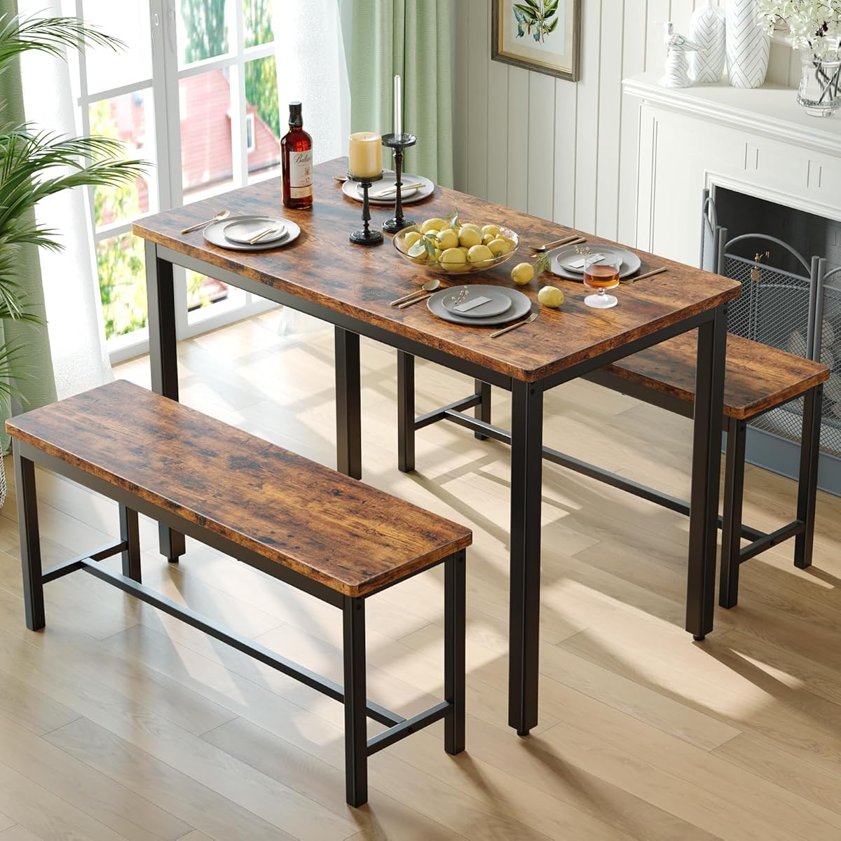 Dining Table Set for 4, 3-Piece Kitchen Table with 2 Benches, Space-Saving Dining Room Set for Breakfast Nook and Small Spaces, Brown