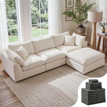 108" Cloud Sectional Couch with 2 Washable Cover Sets | Convertible L Shaped Modular Sofa with Ottoman, 3 Seater Deep Seat Couch for Living Room, White with Extra Gray Covers