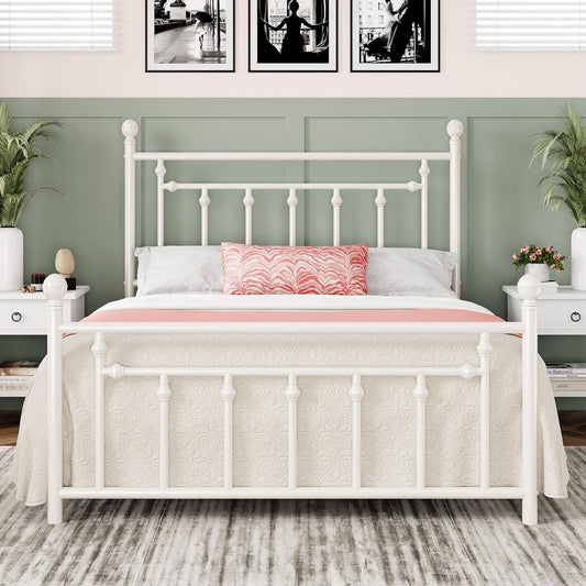 14'' Full Size Metal Platform Bed Frame, Vintage Headboard, White