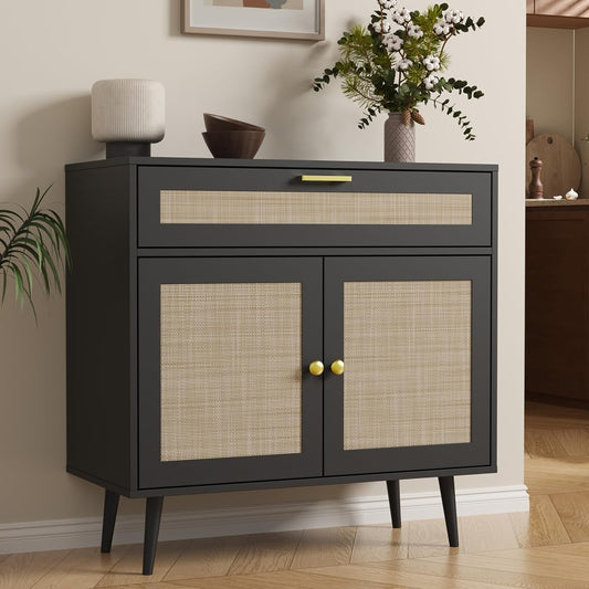 Rattan Sideboard Buffet, Boho Kitchen Cabinet with Drawer & 2 Doors, Modern Mid Century Accent Cabinet with Adjustable Shelf, Coffee Bar for Living Room, Entryway, Kitchen, Black