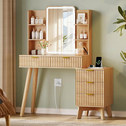 Fluted Vanity Desk with LED Lights Mirror & Charging Station, Oak