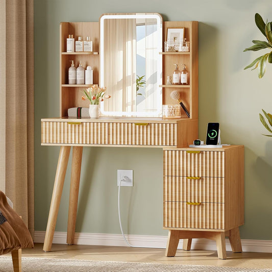 Fluted Vanity Desk with LED Lights Mirror & Charging Station, Oak